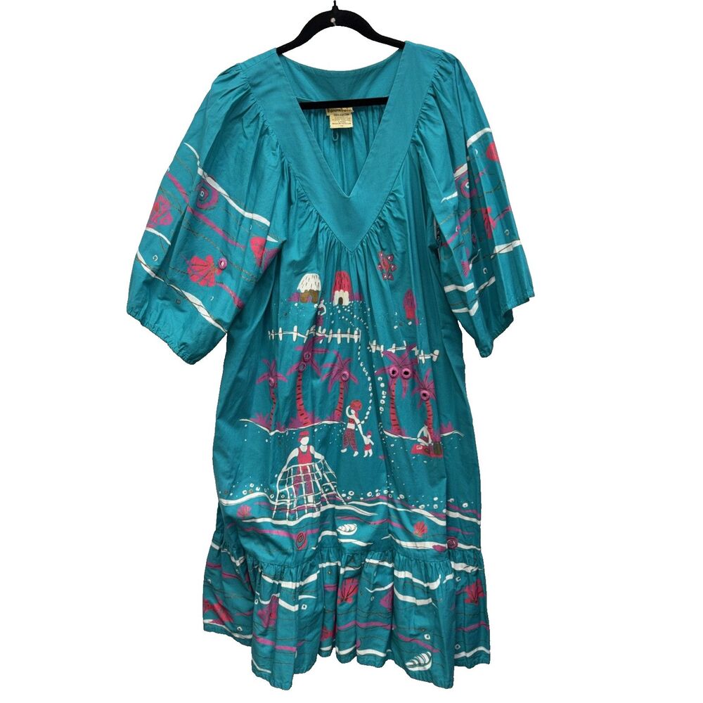 Ramona Rull Women Kaftan Dress 3/4 Sleeve Teal 1X V Neck Pockets Vintage Cotton